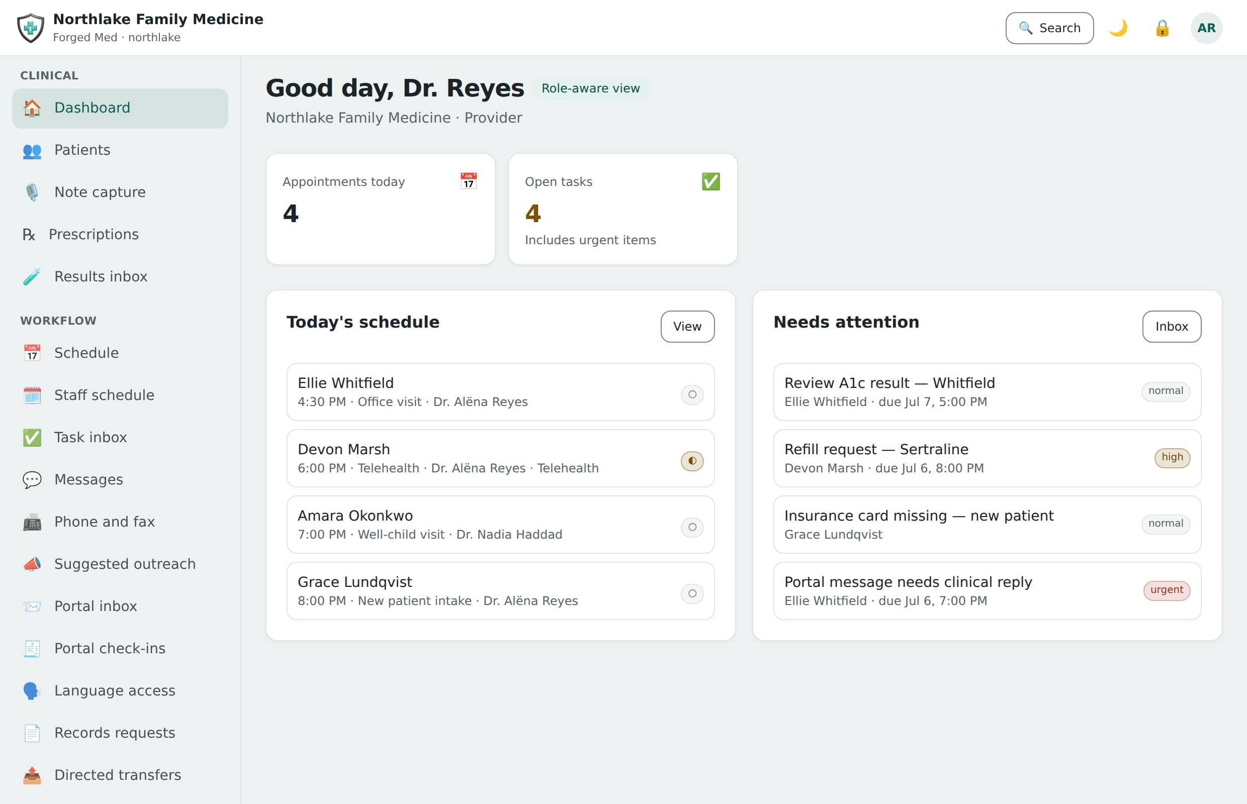 Today — The view each role opens on: today’s schedule, the tasks that need attention, and — for the desk — the intake submissions waiting to be filed.